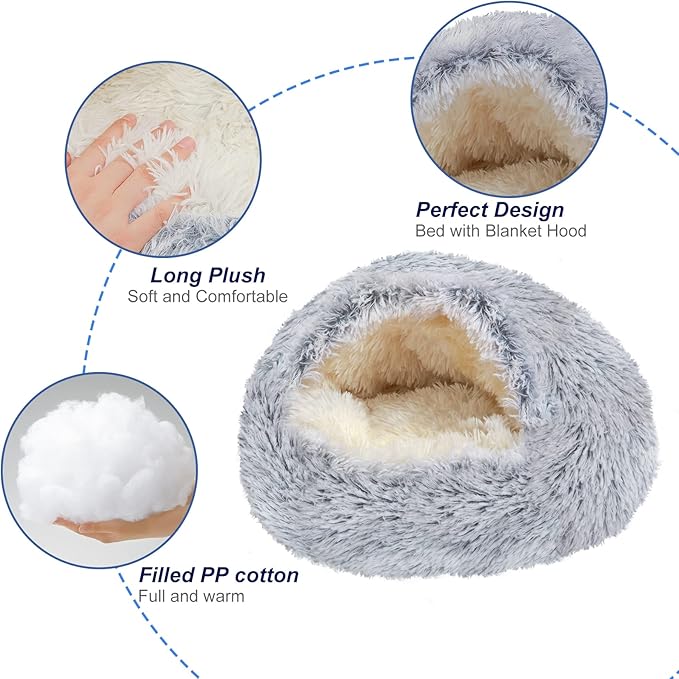 Deblue Soft Cat Beds for Indoor Cats, Round Fluffy Warm Cat Beds with Hooded Cover, Washable Calming Cozy Plush Pet Bed for Anxiety Cats and Puppies - Dia 20"