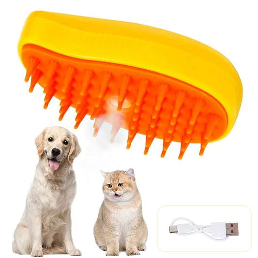3 in 1 Steam Brush for Indoor Pets - Cat Hair Cleaning and Massage Brush Comb for Cats and Dogs (Yellow)