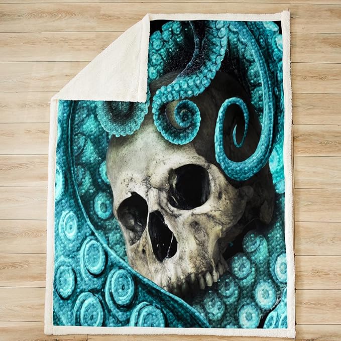 Skull Fleece Throw Blanket Queen 90"x90" for Bed Sofa Couch - 3D Print Octopus Skeleton Sherpa Decorative Horror Ocean Marine Life Plush Blue Soft Fuzzy Blanket