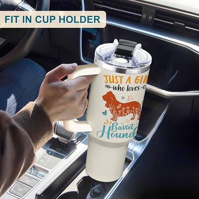 Basset Hound Gifts for Girls & Women, Christmas and Mother's Day Gifts for Basset Hound Lovers, Birthday Present Idea for Dog Owners, Dog Mom 40oz Tumbler with Handle & Straw