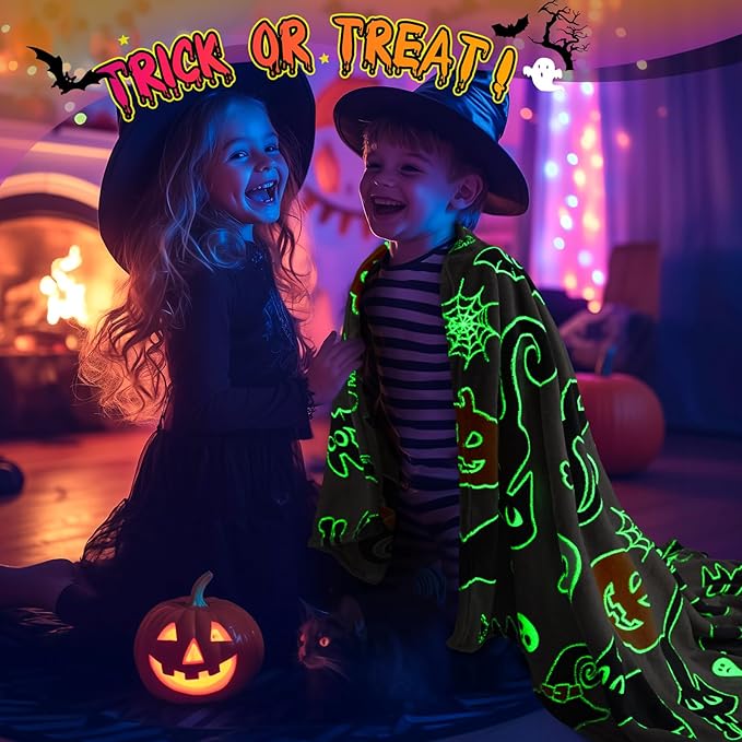 Halloween Decorations Blanket Gifts for Kids - Pumpkin Spooky Bat Cat Glow in The Dark Soft Throw Toys Presents for Boys Girls Toddler Child Teen Bedroom Couch Sofa Decor 50"x60"