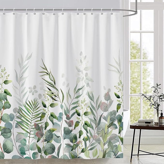 AWERT Shower Curtain Plants for Bathroom,Waterproof Quick-Drying Green Leaves Shower Curtain Set with Hooks 72x72 Inch