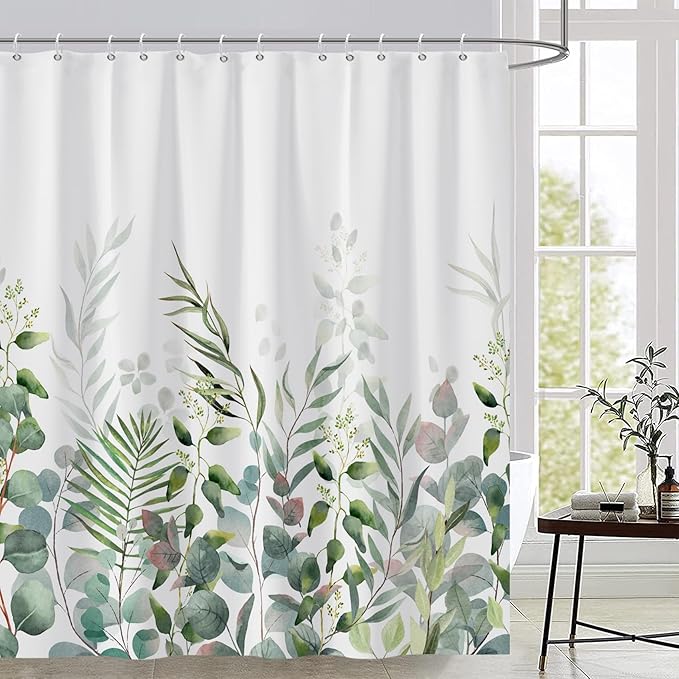AWERT Shower Curtain Plants for Bathroom,Waterproof Quick-Drying Green Leaves Shower Curtain Set with Hooks 72x78 Inch