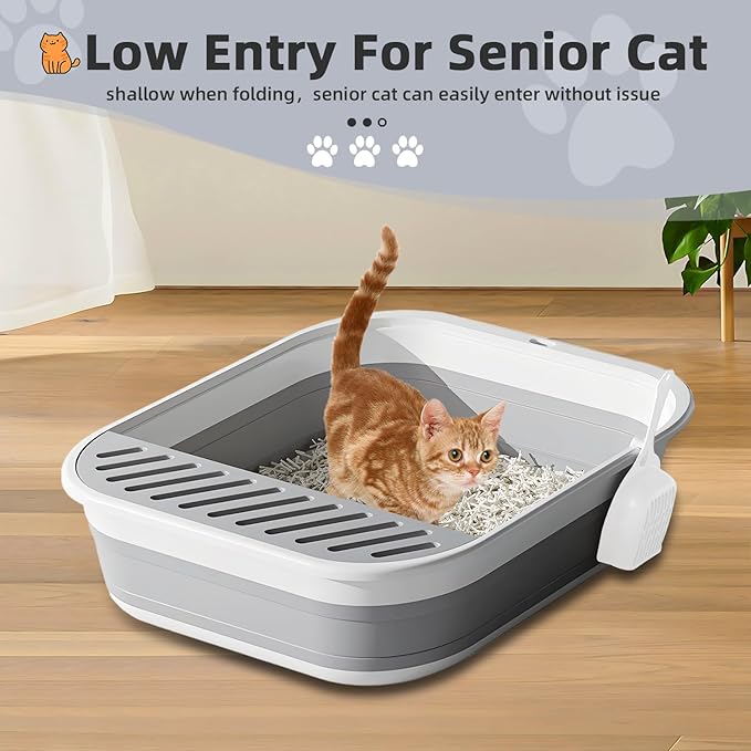 2Pcs Cat Litter Box, Collapsible Kitten Litter Box with Scoop, Open Potty Pan Cat Toilet Portable Cats Litter Box Travel Litter Easy to Clean and Assemble