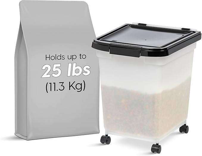 IRIS USA WeatherPro Airtight Dog Food Storage Container, Up to 25 lbs, Removable Wheels, for Dog Cat Bird and Other Pet Food Storage Bin, Keep Fresh, Translucent Body, Pearl/Black