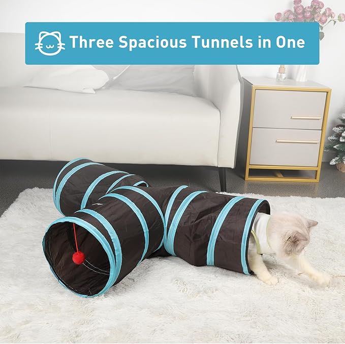 3 Way Cat Tunnel and Tube, Cat Tunnels for Indoor and Outdoor Cats, Collapsible Cat Tunnels with Peek Hole for Cat, Puppy, Kitty, Rabbit, Puppy (T-Shaped Black-Blue)