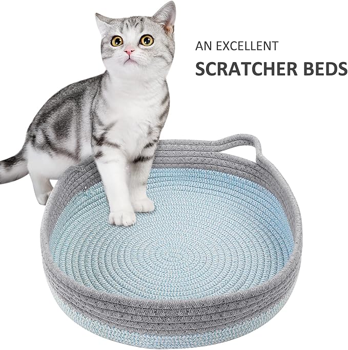 Round Cat Bed for Indoor Cats, Cat Basket Bed, Wicker Cat Donut Beds, Cooling Cat Nest for Summer Sleeping, Washable Pet Pad for Cat Scratching, Blue Grey