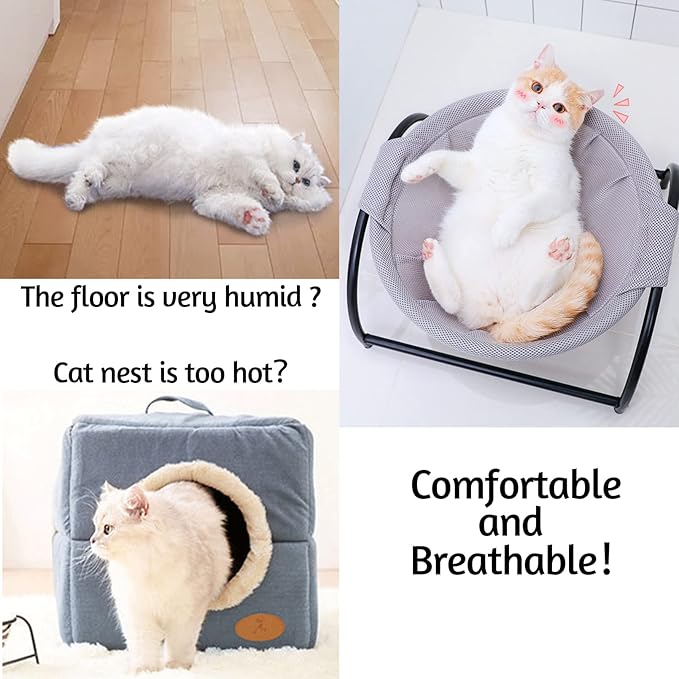 Fhiny Cat Hammock Bed, Removable & Washable Elevated Pet Hanging Nest Free-Standing Breathable Cooling Cot Sofa with Heavy Duty Iron Frames for Indoor Cats Kitten Puppy Sleeping