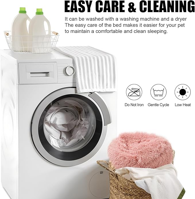 Calming Dog Beds & Cat Cave Bed with Hooded Cover,Washable Round Beds for Small Medium Pets,Anti-Slip Faux Fur Fluffy Coved Bed,Comfortable Warming Pet Bed(20 * 20inch,Leather Pink)