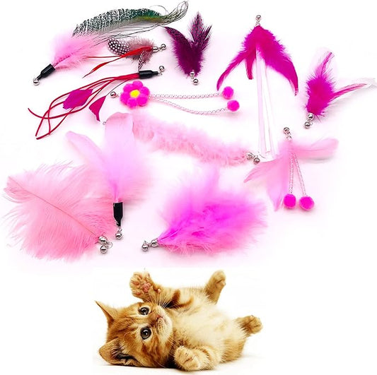 12pcs Pink Cat Feather Toys Replacement Set with Bells for Girl Refills for Wand Kitten Interactive Toys Training Indoor Playing Birthday Gift for Chasing Jumping Exercise Refill Wand Toys