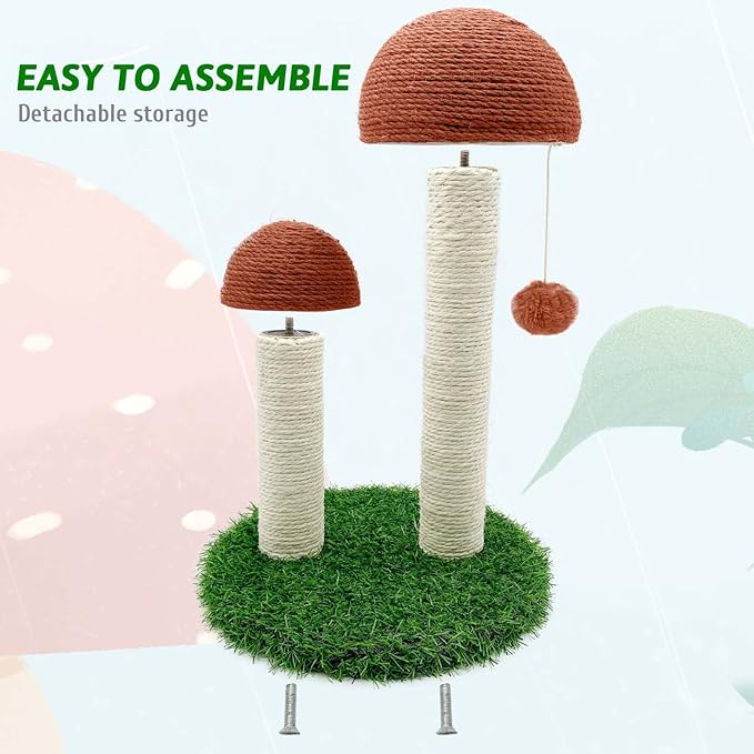 BNOSDM Mushroom Cat Scratching Post, Cat Scratcher with 2 Sisal Poles 12 Pcs Cat Toys and Hanging Ball, Pet Interactive Toy Scratch Post for Indoor Kitten Kitty Small Cats (Coffee)