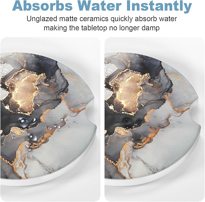 2 Pack Car Cup Holder Coaster, 2.63 inch Anti Slip Insert Absorbent Ceramic Car Coaster with Cork Base and Finger Notch, Cute Car Accessories Interior for Women, Cute Car Coasters., CH0025