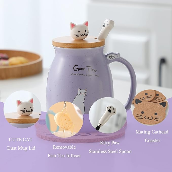 BigNoseDeer Cat Mug Kawaii Tea Cup with Infuser and Lid Purple Cat Ceramic Coffee Mug Cute Cool Preppy Stuff Birthday Gifts for Mom Gifts for Women Girlfriend Girls Cat Lover Gifts(13oz)