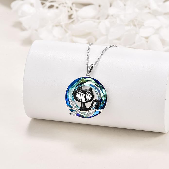 AXELUNA Black Cat Necklace 925 Sterling Silver Kitten Pendant Circle Crystal Necklace Cat Jewelry Gifts for Women Girls Girlfriend Animal Lovers