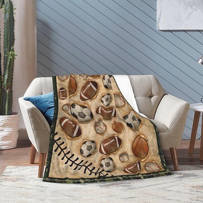 Vintage Sports Soccer Blanket Ultra Soft Cozy Plush Baseball Basketball Football Throw Blanket Sport Ball Fans Lovers Gifts Kids Adults Lightweight Flannel Comfy Blankets for Couch Sofa Bed 60"x50"