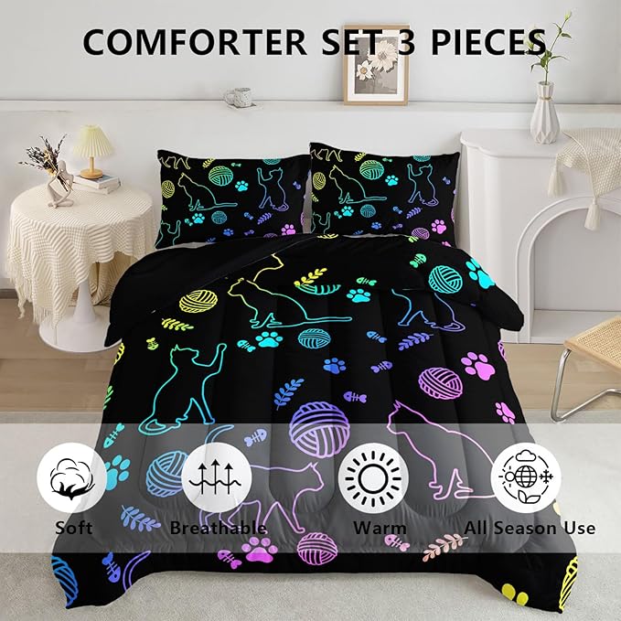 Black Cat Bedding Cartoon Cat Comforter Set Twin,Neon Cat Paw Ball of Yarn Printed Kids Bedding for Cat Lover Boys Girls Adults Room Decor,Kids Comforter,1 Quilt 2 Pillow Cases,Neon Color Purple Blue