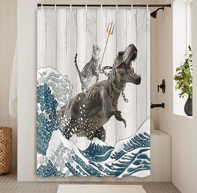 Boziqr Funny Cat Shower Stall Curtain, Cool Cat Dinosaur Japanese Ocean Wave Decor Fabric Bathroom Curtains, Kids Children Rustic Wooden Farmhouse Shower Curtain, 48 X 70 Inches