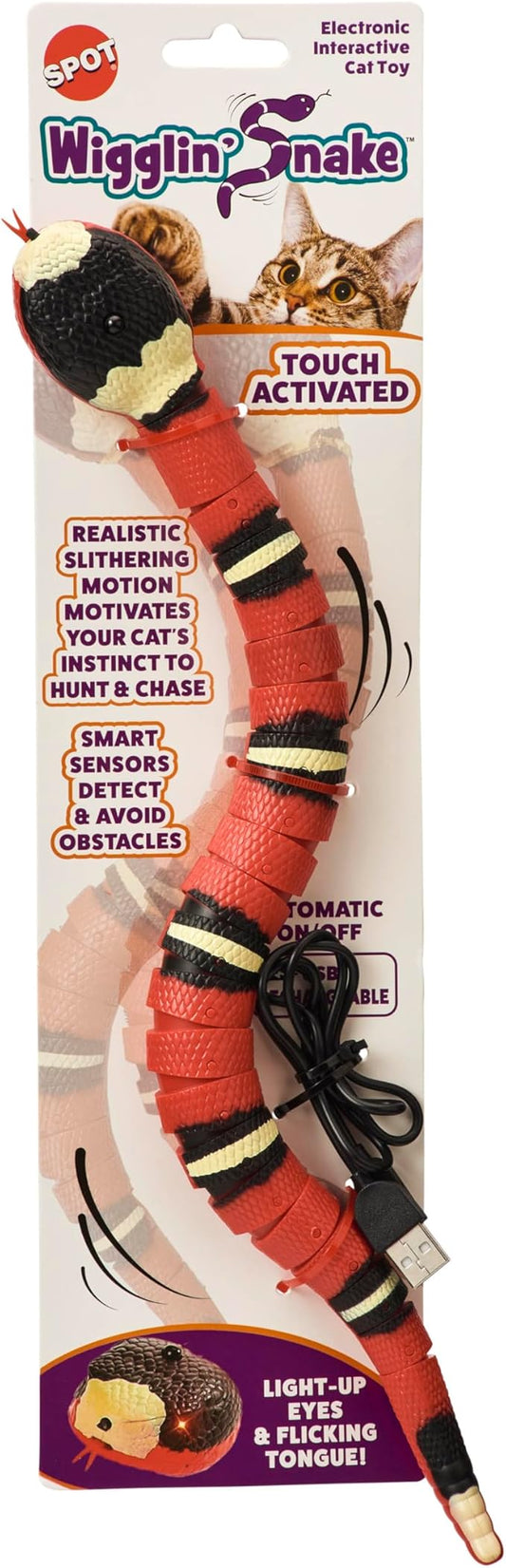 SPOT Wigglin' Snake - Electronic Interactive Cat Toy, Touch Activated Snake Slithers and Slides to Entertain Cats and Kittens, Smart Sensors Detect & Avoid Objects, USB Rechargeable - 15 inch