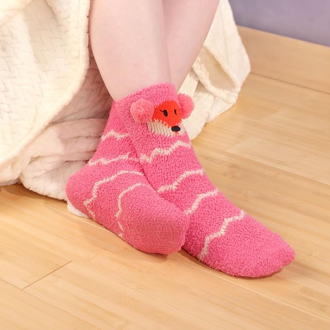 BambooMN Super Soft Warm Cute Furry Animal Non-Slip Fuzzy Cozy Fluffly Crew Winter Home Socks, Value Pack