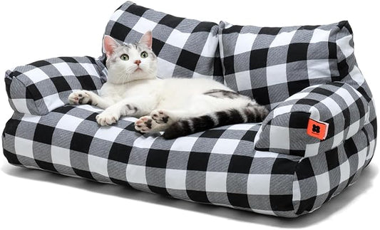 MEWOOFUN Pet Sofa Bed for Medium Pets Cat Couch Cat Bed with 26×19×13 Inch Removable Washable Cover Nonskid Bottom Puppy Couch Pet Bed up to 25 lbs (Black & White)