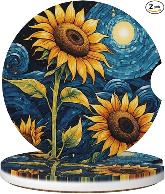 Absorbent Ceramic Car Coasters for Cup Holders, Sunflower Starry Sky Oil Painting Design 2.56" Anti Slip Universal Drink Cup Coasters for Women Men (2 Pack)