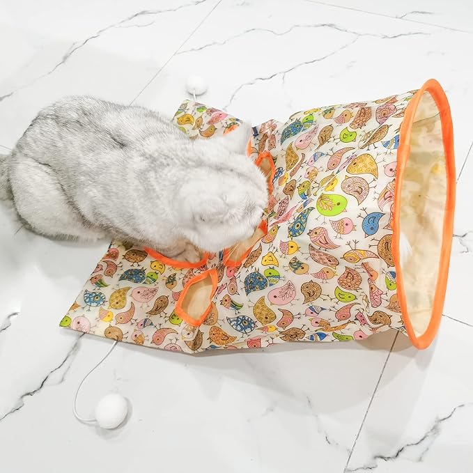 Andiker Cat Tunnel Bags for Indoor Cats, 13x17x12In Foldable Cat Crinkle Bag with 3 White Plush Balls and 1 Mouse 5 Holes for Kitten to Hide and Catch 3 Layers Cat Toy (Bird)