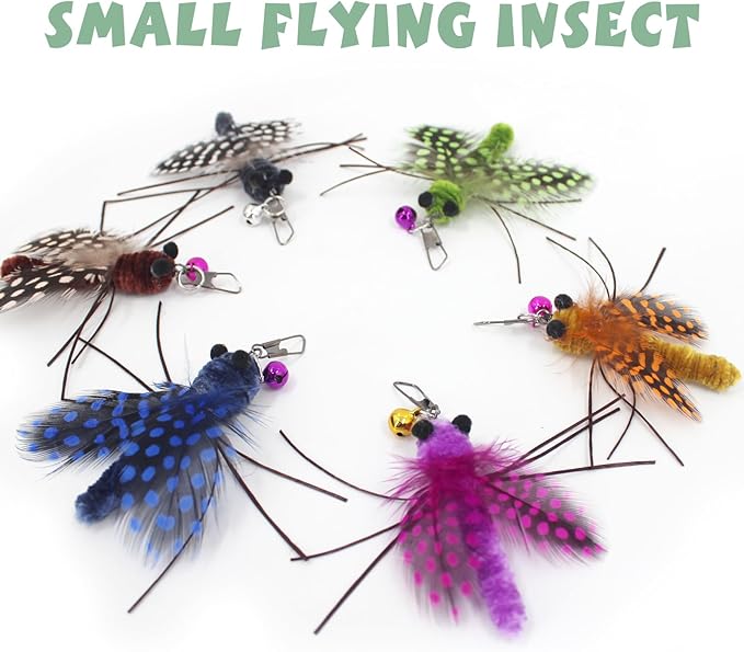 SONGWAY Insect Cat Toys with Feather - 6 Pieces Cat Feather Toy Refills, Cat Toy Wand Attachments, Cat Insect Toy, Wool Cat Toys, Interactive Cat Toys for Indoor Cats