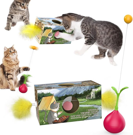 Zaabaazona 2-in-1 Cat Toy, Interactive Cat Toy for Indoor Cats Self-Righting Rocking Feather Cat Toy, Multi-Function Cat Ball Toy, Cat-Digging Hole Toy Suitable as a Birthday Gift