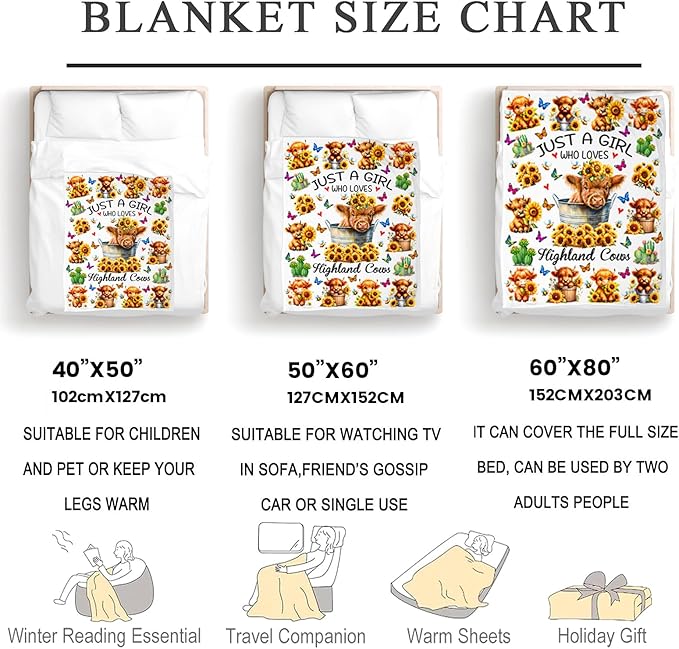 Highland Cow Gifts Sunflower Highland Cow Print Blanket Throw Plush Stuff Cute Animal Butterfly Gifts for Girls Kids Women Adults Highland Cow Lovers Birthday Decorations 60"X50"