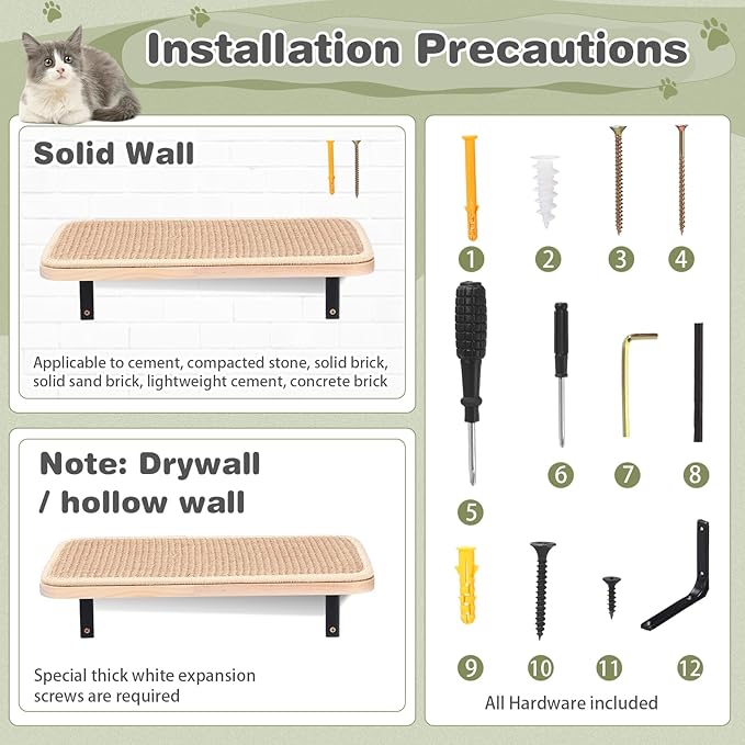 Kisston 4 Pcs Cat Wall Shelves Stairs Hammock Set Wooden Cat Wall Furniture Cat Climbing Shelves with 4 Steps Cat Stairway with Sisal Rope Scratching Hammock Mounted Cat Bed for Sleeping, Playing