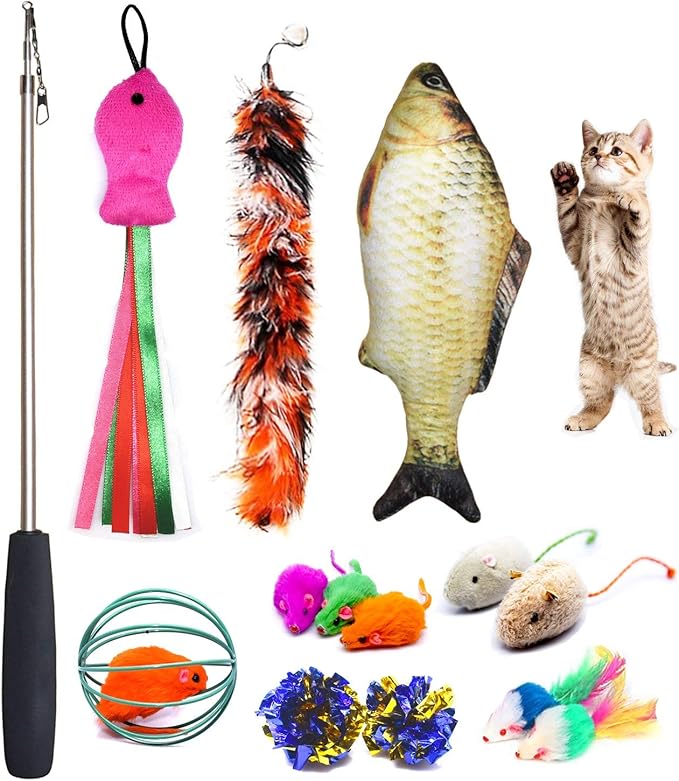 Cat Toys Set, Cat Retractable Teaser Wand, Catnip Fish, Interactive Cat Feather Toy, Mylar Crincle Balls, Two Cotton Mice, Four Fluffy Mouse