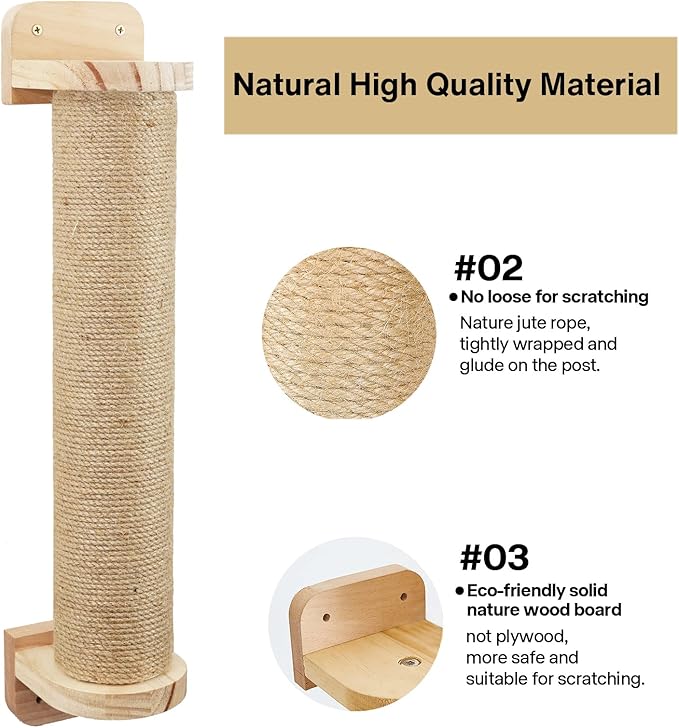 Wall Mounted Cat Scratching Posts for Cats and Kittens - Indoor Cat Activity Tree with Jute Rope Scratcher, Solid Wood Cat Wall Furniture