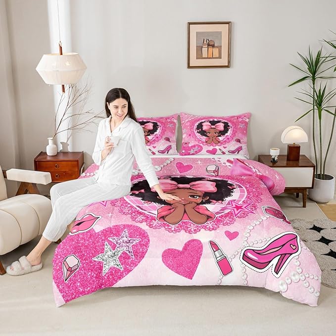 Black Princess Girly Comforter Set Queen Size,High-heeled Shoes Lip Bowknot Diamond Bedding Set,Girls Women Room Decor,African American Girls Down Comforter,Pink Cute Duvet Insert,2 Pillowcases