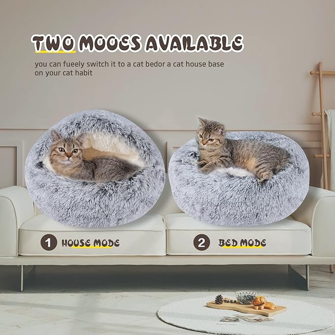 Cat Bed Calming Cat Beds,Indoor Washable Cat Bed，Anti-Slip Faux Fur Fluffy Cuddler Anxiety Cat Bed,Warming Cuddler Cushion Bed for Small Medium Dogs and Cats (Grey, 24 * 24inch)