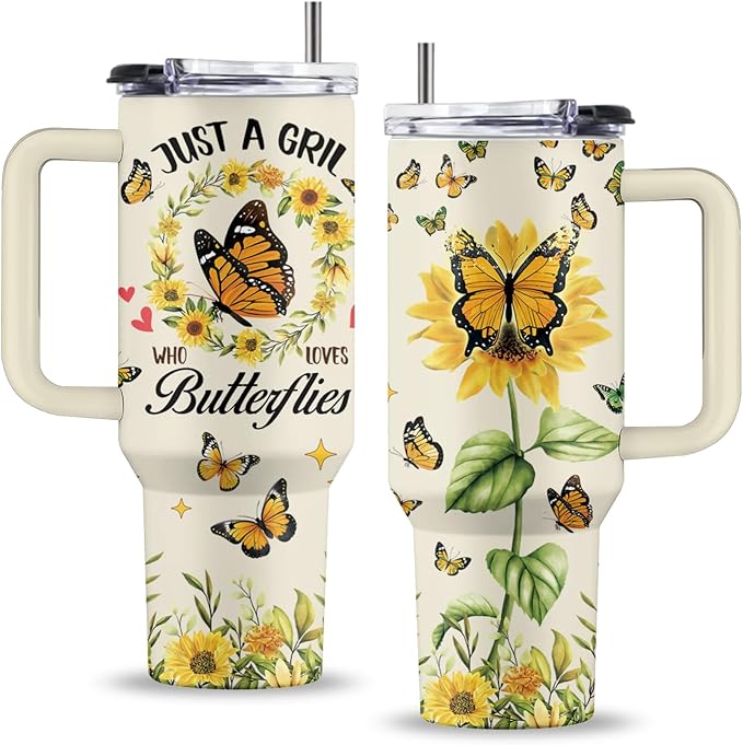 Butterfly Gift, 40 Oz Just a Girl Who Loves Butterflies Tumbler with Handle & Straw, Birthday Gifts for Animal Lovers Women Men, Stainless Steel Yellow Butterfly Tumbler