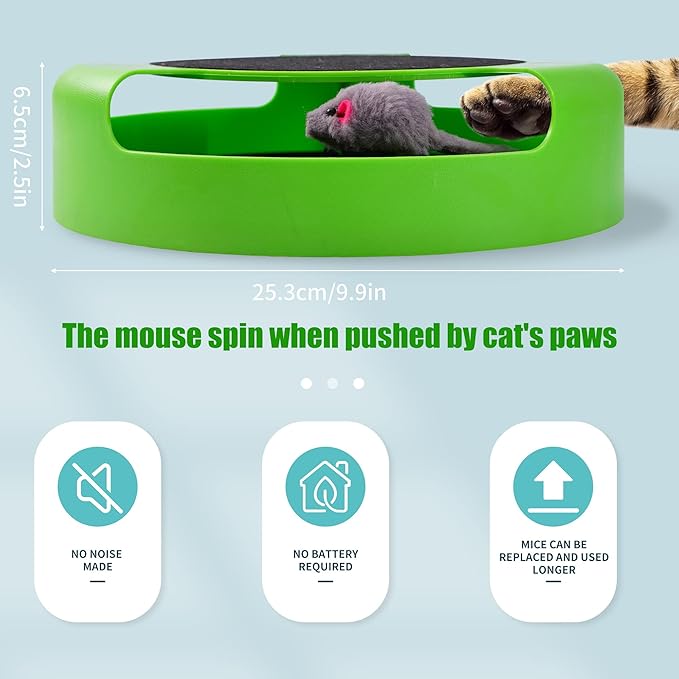 FYNIGO Replaceable Interactive Cat Toy Mouse for Indoor Cats and Kittens,Uncatchable Spinning Mice and Scratching Pad,Hunting Chasing and Exercising,Cat Scratcher Catnip Puzzle Toy,Green