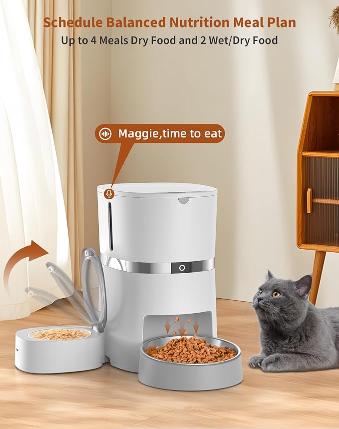 WellToBe Automatic Cat Feeder for Wet Food with Ice Pack and Freshness Dry Food Desiccant for Cats and Small Dogs, Timed Automatic Pet Feeder with Voice Recorder, 1-6 Meals Control, Dual Power Supply