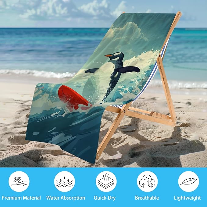 WZOMT Microfiber Penguin Beach Towel Oversized, Cute Penguin Surfing Ocean Animal Blue Bath Towels for Adults Kids, Soft Quick Dry Absorbent Sandproof Travel Swim Pool Towels 32x52 Inch