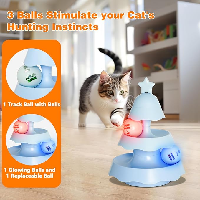 Interactive Cat Toys for Indoor Cats, Teeth Cleaning Dental Chew Catnip Toys, 3 Level Turntable with 3 Track Balls Chase Cat Toy for Kittens - Blue