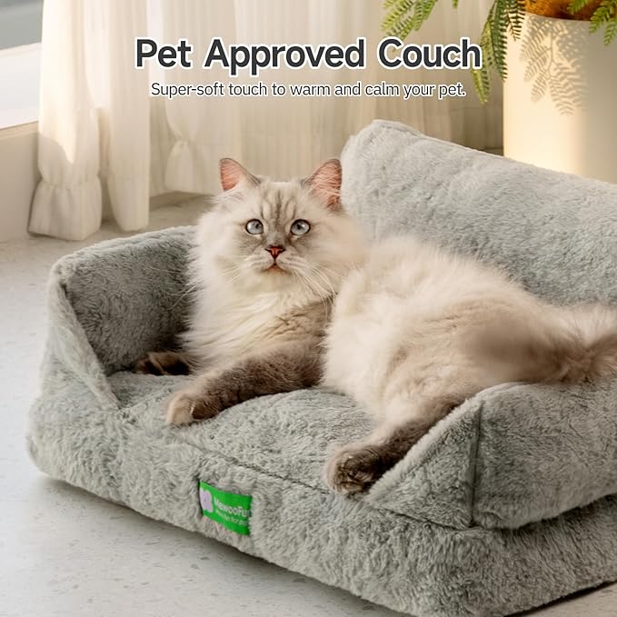 MEWOOFUN Cat Couch Bed for Indoor Cats, Fluffy Cat Sofa for Small Pets with Removable Washable Cover, Cute Cat Bed with Non-Slip Bottom, Cat Beds & Furniture for Small Pets(Grey,S)