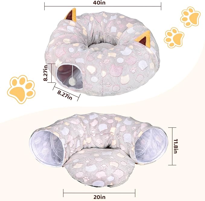Large Cat Tunnel Bed for Indoor Cats - Soft Plush Peekaboo Cat Cave Donut Tunnel for Small Medium Large Cats, Kittens, Rabbit, Puppy