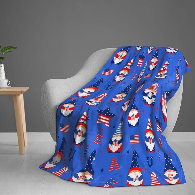 American Gnome Patriotic Blanket Throw 60"x50", Plush Flannel 4th of July Memorial Day Blanket, Soft Warm Decorative for Kids Women
