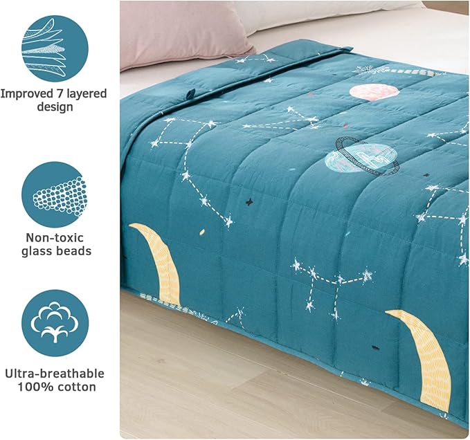 Mr. Sandman Weighted Blanket 3 Pounds Washable, Best for 20-40lb Breathable Cotton Heavy Blanket with Nontoxic Glass Beads - 36" x 48" Star Moon Blue