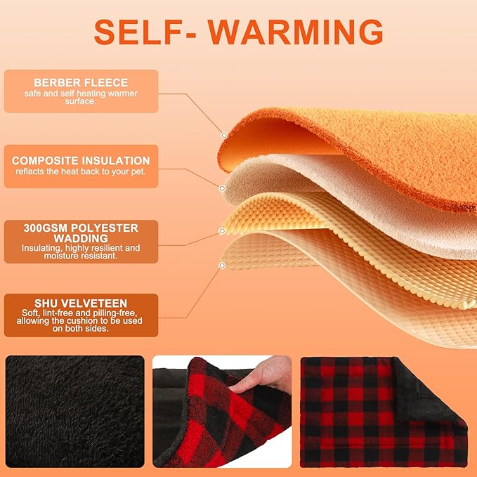 BEAUTYZOO Self Warming Cat Bed, Self Heating Cat Pad 28 x 19 inch, Double Sided Heated Cat Dog Mat, Soft Thermal Blanket for Indoor Outdoor Large Kittens Small Puppy Pets, Washable, Buffalo Red