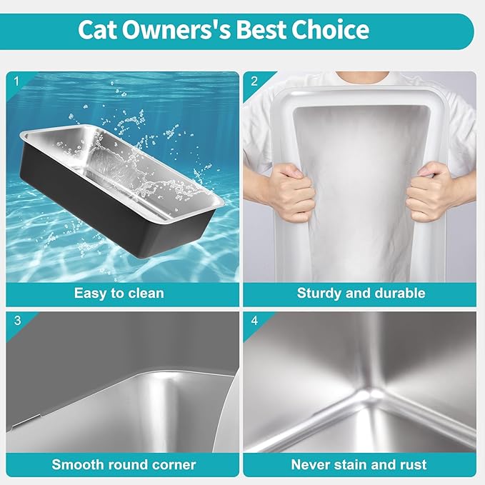 2 Pack Extra Large Stainless Steel Cat Litter Box with Lid, High Sided Metal Litter Box for Big Cats, Hooded Large Jumbo Litter Pan Tray with High Wall Enclosure with Scoop (Black Coated)