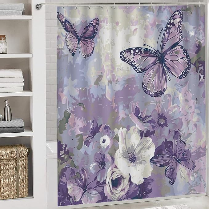 Brebasf Abstract Beautiful Animal Butterfly Shower Curtain Set Bathroom Set Decorative Minimal Rustic Watercolor Boho Purple Floral Butterfly 4 Piece Shower Curtain, Toilet Cover, U-Mat, Floor Mat