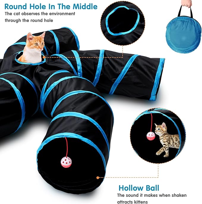 Poen 21 Pcs Cat Tunnel for Indoor Cats Set Collapsible 5 Way Cat Tubes with 20 Pcs Cat Toys Kitten Toys Interactive Cat Feather Toy Mouse Crinkle Balls Cat Tube for Puppy Kitten Rabbit(Blue Black)