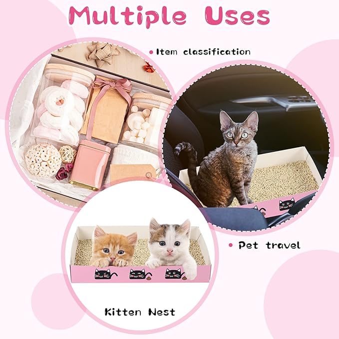 30 Pack Disposable Cat Litter Box Foldable Paper Kitty Tray 13.8x10x2 in Small Lightweight Cardboard Box Water Proof for Indoor Low Entry Easy Disposal Non Clumping Nice Absorption Portable (Pink)