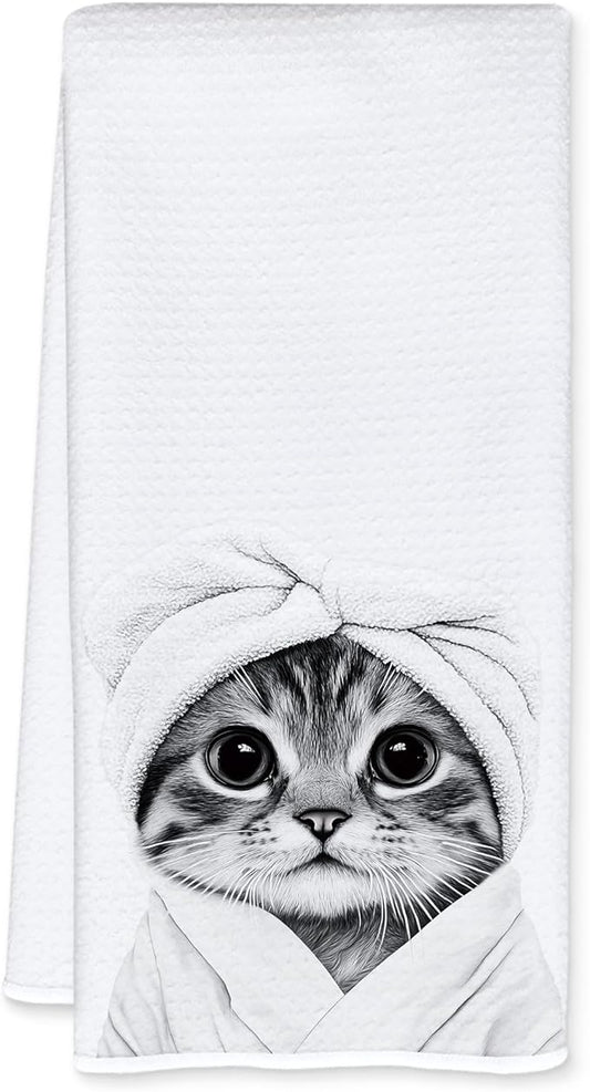 Funny Bathrobe Cat Bathroom Hand Towels, Cat Mom Lady Lovers Gifts for Women, Cute Kitty Kitten Hand Towels for for Bathroom Washroom Restroom Decor, 16x24 Inch