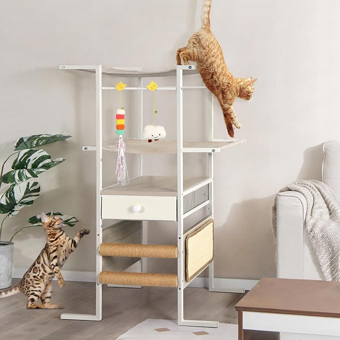 Modern Cat Tree with Sisal Scratching Post,Cat Scratcher,Cat Tower with Cat Hammock Bed Perch,Toys,Storage Drawer,Small Cat Tower Tree Stand,Cute Cat Condo for Kittens Medium Cats